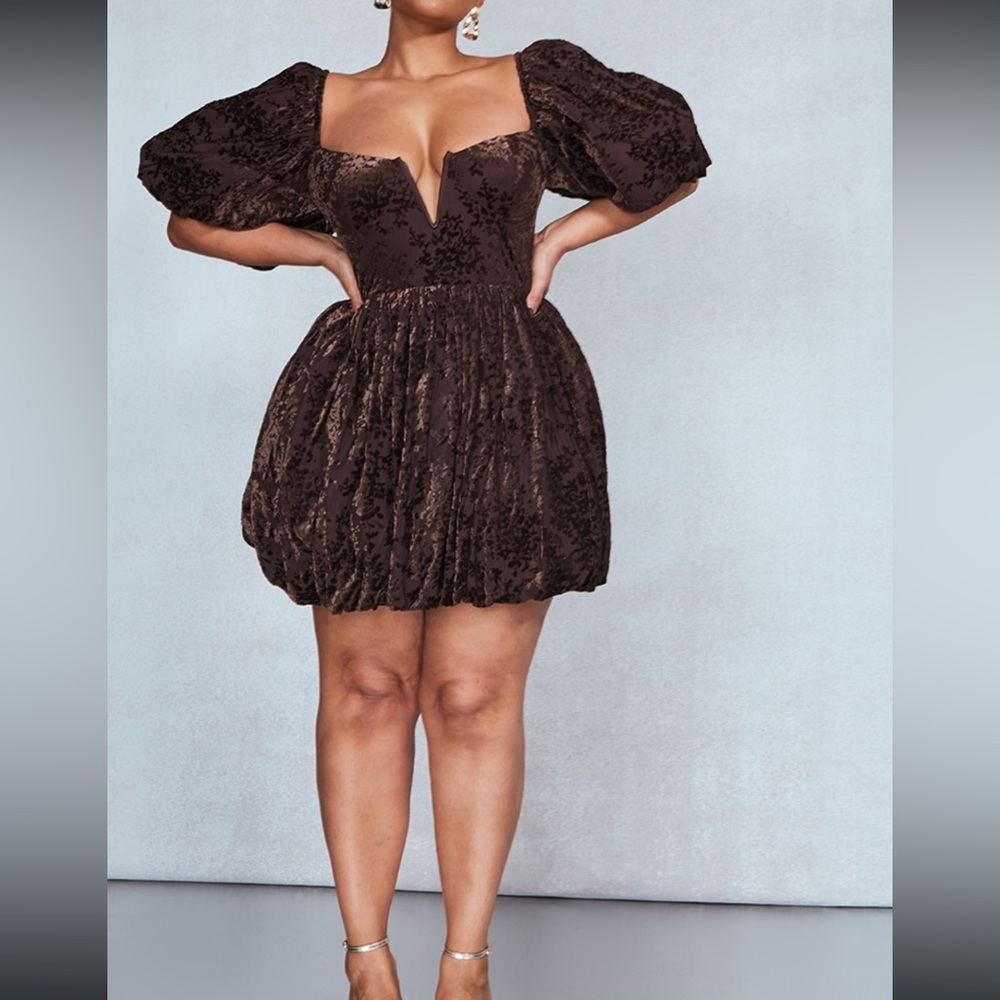 PrettyLittleThing NWT Brown Ruched Puff Sleeve Mini Dress